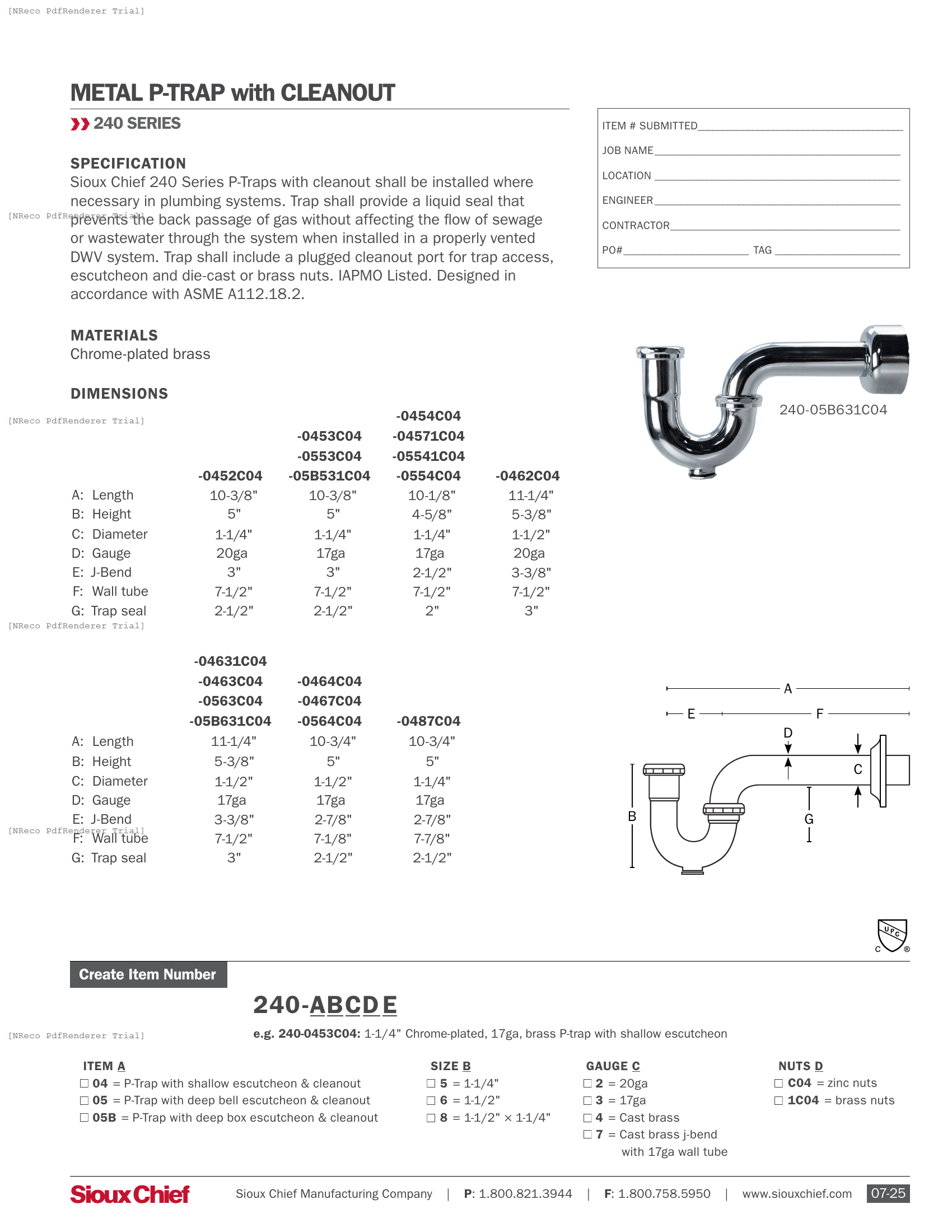 240 SERIES - METAL P-TRAP WITH CLEANOUT & ESCUTCHEON - SPEC SHEET.PDF Specification Document